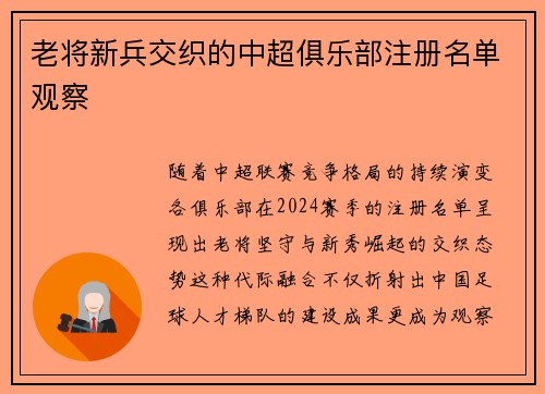 老将新兵交织的中超俱乐部注册名单观察