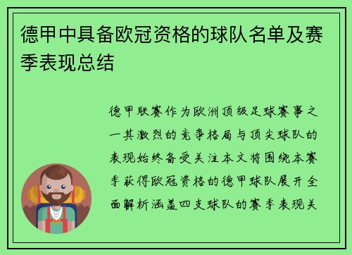 德甲中具备欧冠资格的球队名单及赛季表现总结
